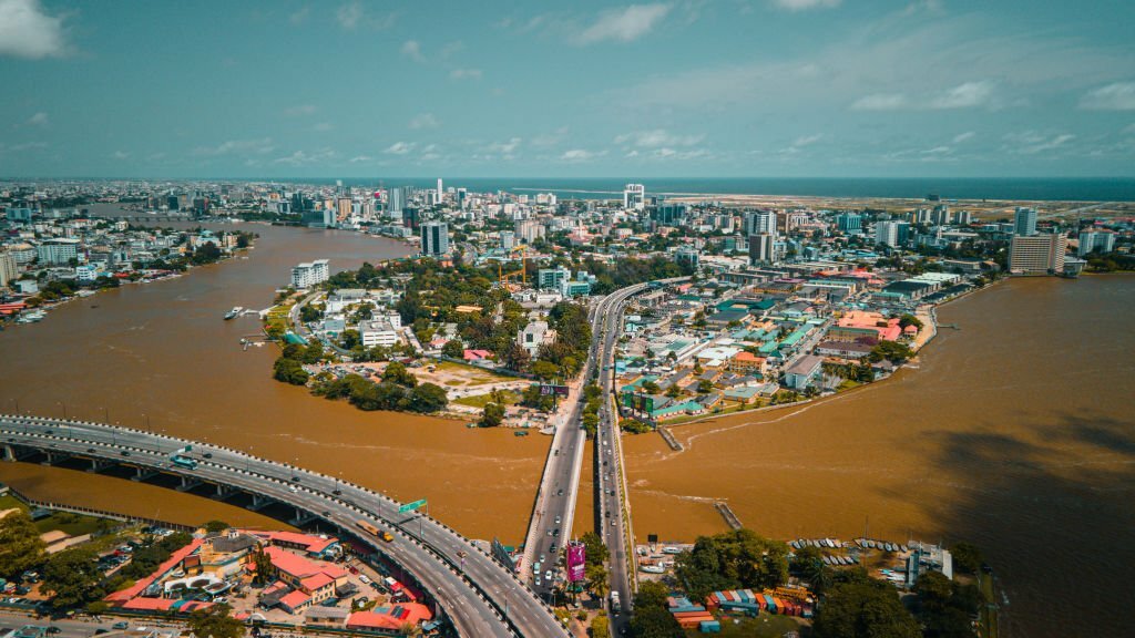 Cityscape of Marina, Obalende, Bonny Camp, Mobolaji Johnson Stadium, Lagos Lagoon, Ring road, Lagos House, Gorvernor's house.